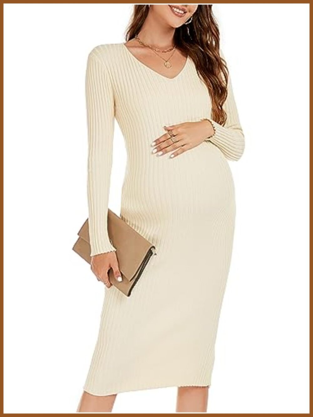 Maternity Long Sleeve Knit Sweater Dress Baby Shower V-Neck Bodycon